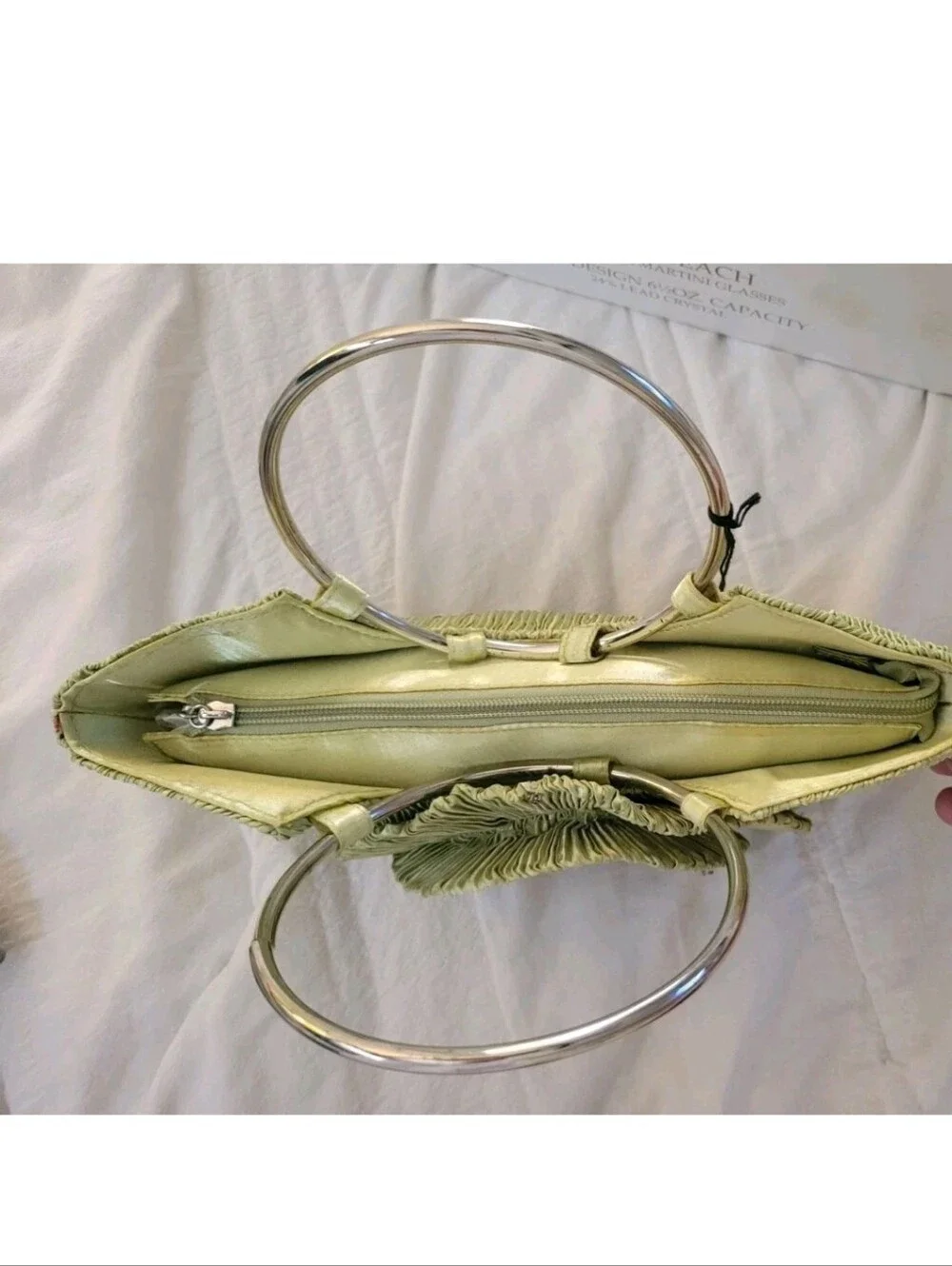 Y2k Retro Satin Purse Clutch Sage Rhinestone Pleated Handbag Silver Hoop Handle